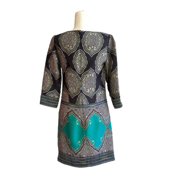 Laundry Shelli Segal Dress Blue Teal White Retro Print 3/4 Sleeve Shift Size 2 - Picture 5 of 12